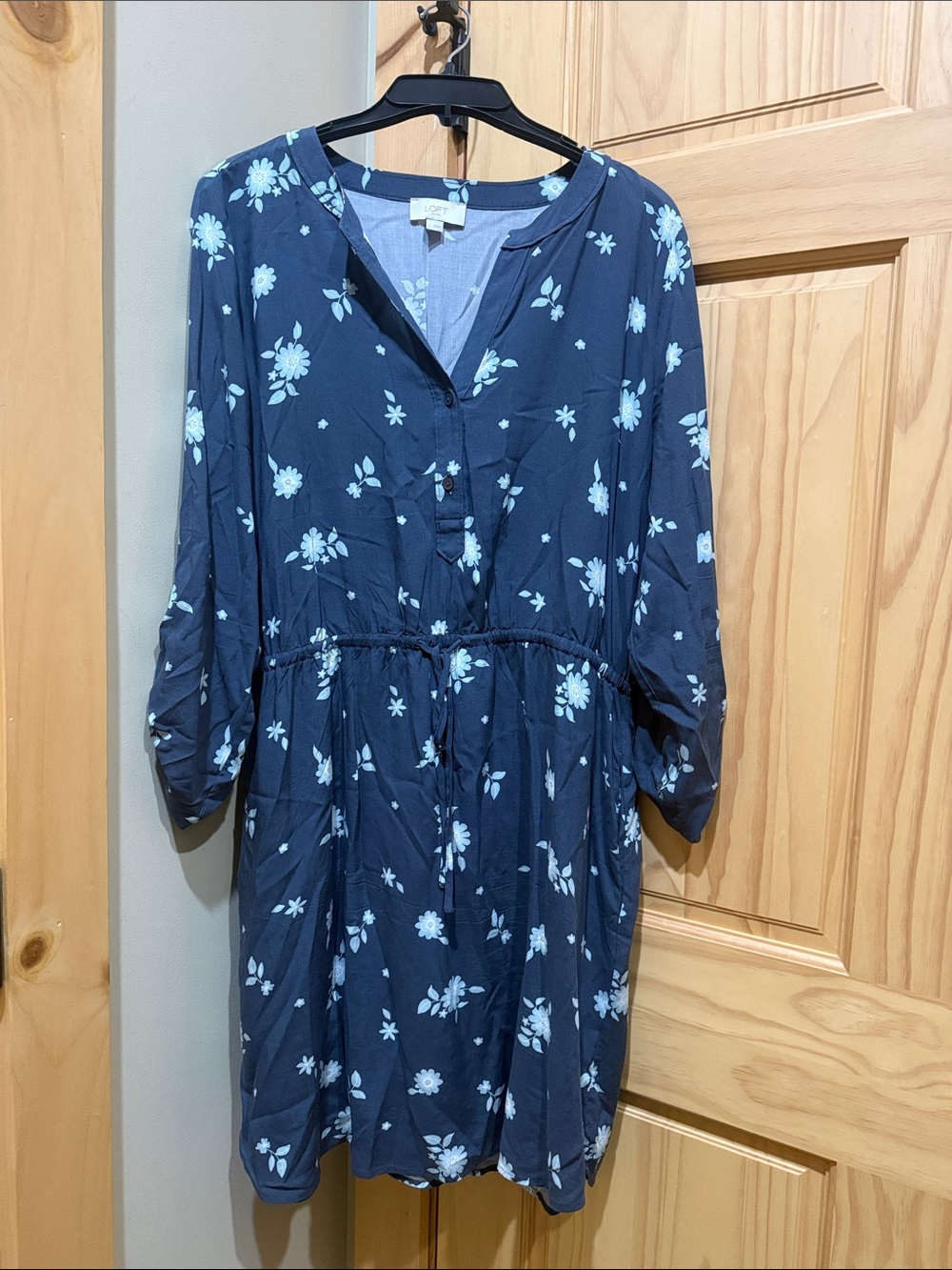 LOFT Navy Floral Midi Dress with Light Blue Print